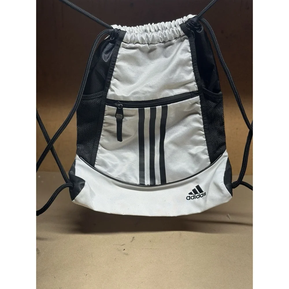 Adidas Sports Drawstring Bag Zipper Pockets Black & White 16